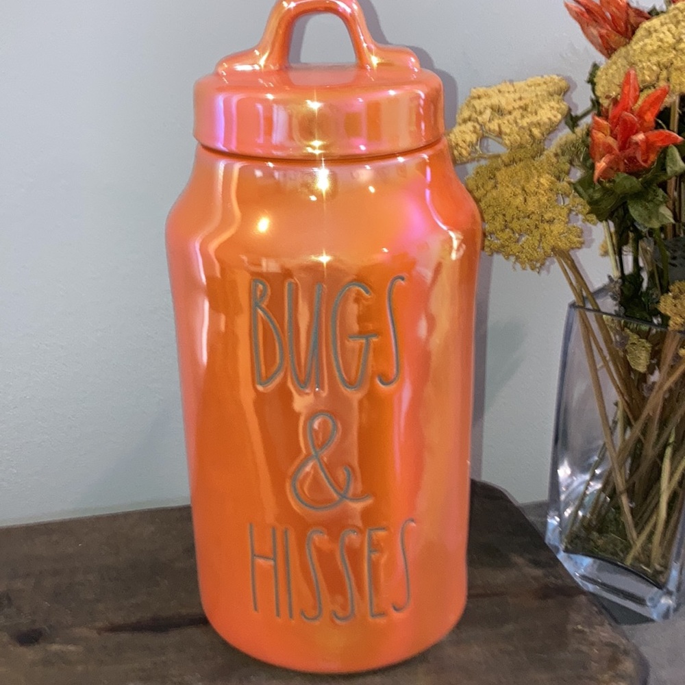 Rae Dunn BUGS AND HISSES Halloween Canister in Orange Iridescent Luster Jar 👻🎃 - Picture 2 of 11